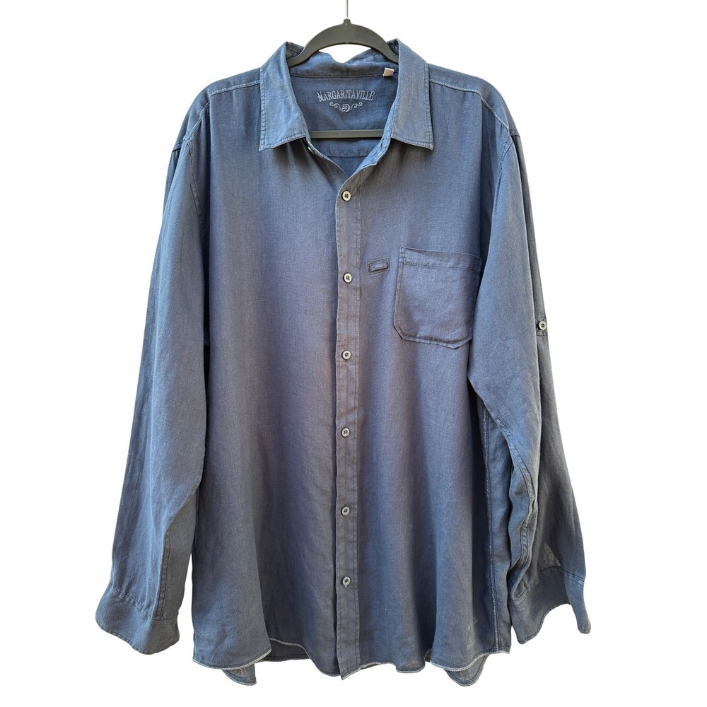 Margaritaville‎ Mens 2XL Navy Blue 100% Linen Long Sleeve Button Down Shirt